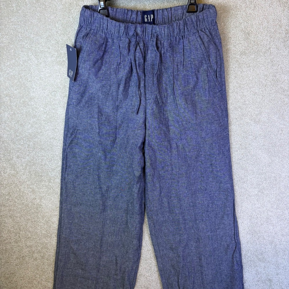 GAP Linen Blend Wide Leg Pants Womens XS (28x30) Blue Chambray Drawstring NEW